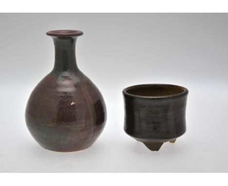 Shoji Hamada - Saltglaze circular incense pot on three feet, c. 1955, unmarked,  8.5 cm h x 9.7 cm diam to/w a Shigeyoshi Ich