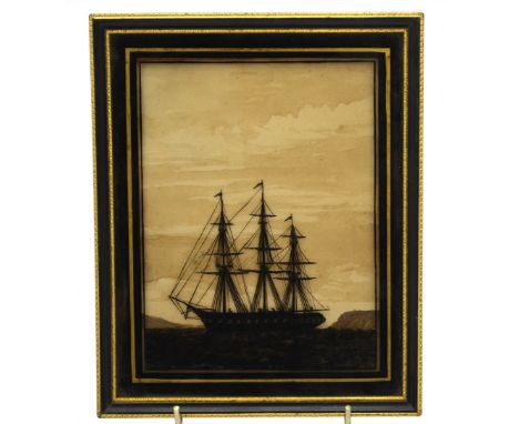 A 19th century silhouette ship portrait 'HMS Lee', reverse-painted under glass with monochrome ink wash on paper background, 