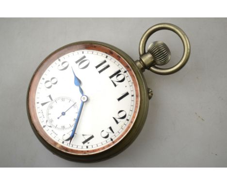 A nickel 'Goliath' pocket watch with top-wind lever movement, enamel dial with subsidiary seconds dial, 7 cm diameter Conditi