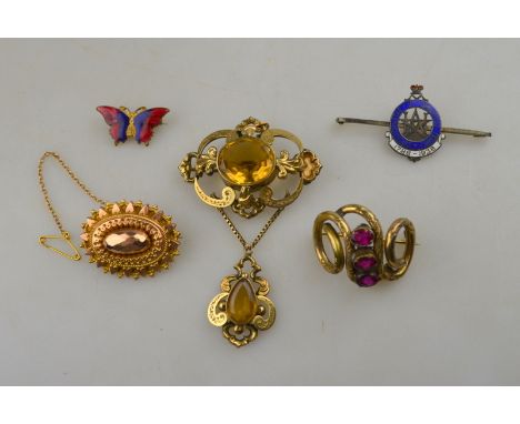 A collection of various items including Victorian yellow gold brooch in scrollwork setting; citrine set with detachable citri