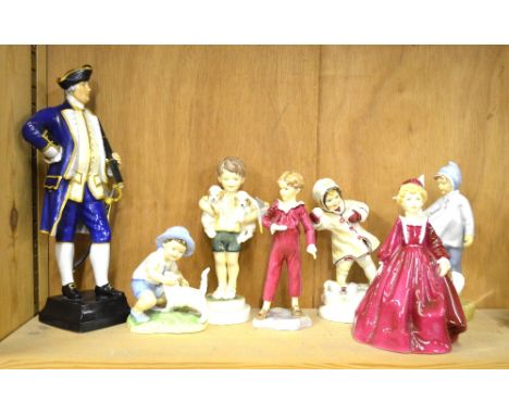 Six Royal Worcester figures modelled by F. C. Doughty; December 3458; The Parakeet 3087; All Mine 3519; Fantails 3760; Septem