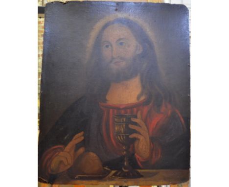Pupil of Gainsborough - Jesus with chalice and bread, oil on bread, 61 x 49 cm, unframed and inscribed to reverse 'Pupil of G