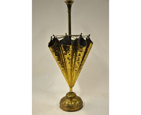 A brass umbrella stand in the form of a part open umbrella circa 1920's