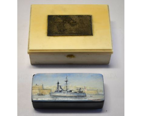 Royal Navy interest - HMS Truant and HMS Valliant, an ivorine presentation box, the hinged lid with applied white metal plate