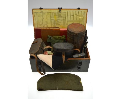 Assorted WWII German army items incl. a rifle cleaning kit, the case impressed G.Appel, an o/r side hat with yellow/blue enam