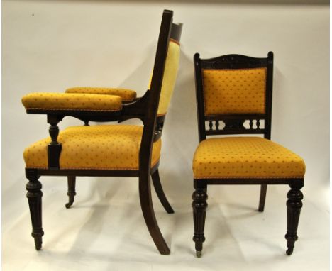 A set of twelve late 19th century walnut framed dining chairs with matching overstuffed seats, raised on turned and ring turn