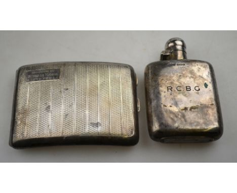 A silver hip flask with hinged screw cover, James Dixon & Son, Sheffield 1915, to/w an engine-turned cigarette case, Deakin &