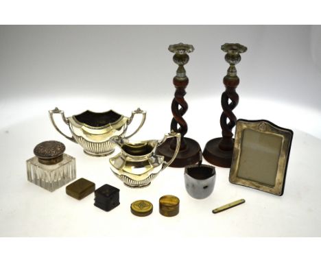 A cut glass inkwell with electroplated top, to/w a pair of oak open-twist candlesticks, electroplated jug and basin, photo fr