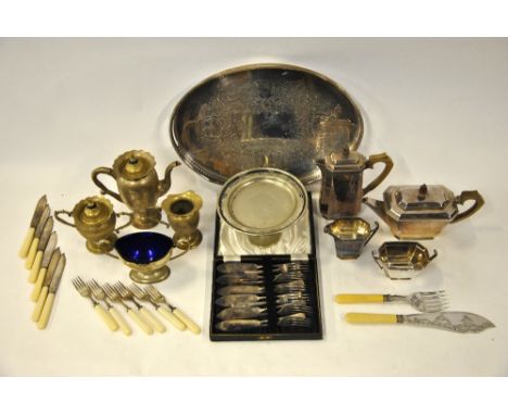 A Romney plate four-piece tea service with hot water jug, to/w an oval tray and other plate (box)