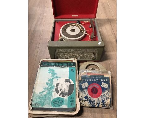 VINTAGE RECORD PLAYER WITH SINGLES AND MAGAZINES
