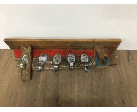 FOUND ITEMS AND WOOD SHELF AND SPOON HOOKS