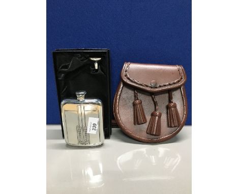 C R MACKINTOSH HIP FLASK AND FUNNEL AND LEATHER SPORRAN