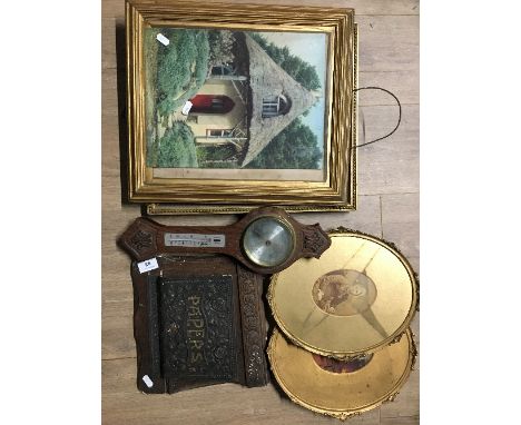 OLD PAPER RACK BAROMETER AND FRAMES ETC