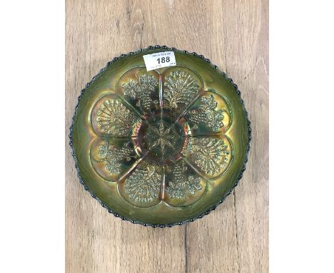 VINTAGE CARNIVAL GLASS DISH WITH PEACOCKS AND GRAPES