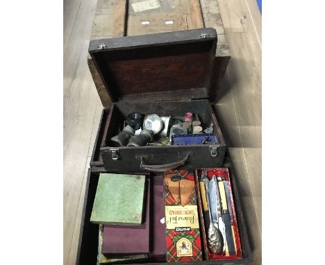 3 VINTAGE WOODEN BOXES WITH CONTENTS