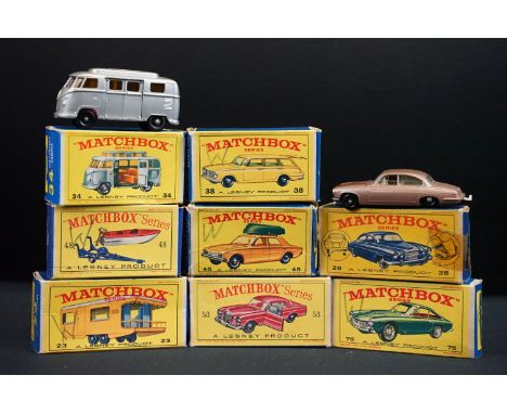 Eight boxed Matchbox 75 Series diecast models to include 23 Trailer Caravan, 34 Volkswagen Camper, 38 Vauxhall Victor Estate 