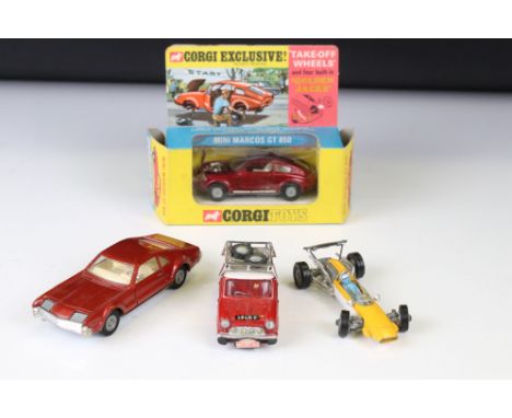 Boxed Corgi 341 Mini Marcos GT 850 diecast model in metallic red (a few spots of paint loss and box needing reglueing) plus 3