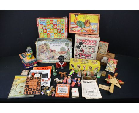 Quantity of vintage toys &amp; games to include boxed Marx Mickey the Muscian, 3 x Wade Whimsies figure sets., badges, wooden