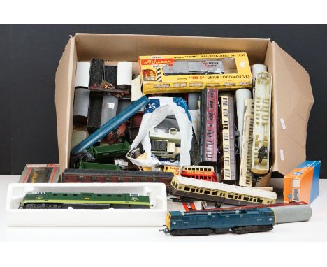 Quantity of OO gauge model railway to include rolling stock, 2 x play worn Lima locomotives, trackside models  and kit built 