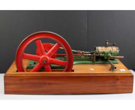 Stationary Beam Engine in the Stuart Turner style, unmarked, main body green with red, wooden base, 26 x 13" approx 