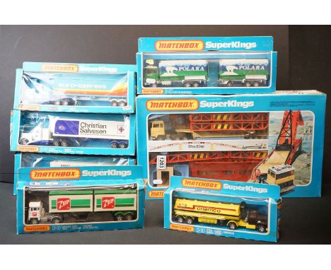 Seven boxed Matchbox SuperKings diecast models, to include K-44 Bridge Layer Set, K-31 Peterbilt Refrigeration Truck x 3 all 