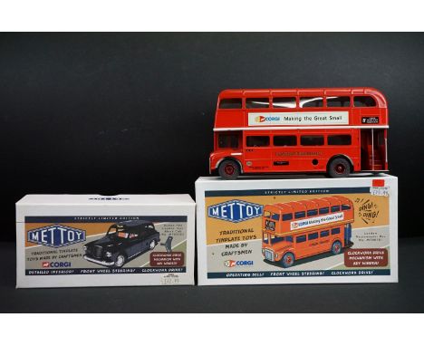 Two Boxed Corgi Mettoy ltd edn tinplate models with COAs to include London Routemaster Bus No. MT00101 and Austin FX4 London 