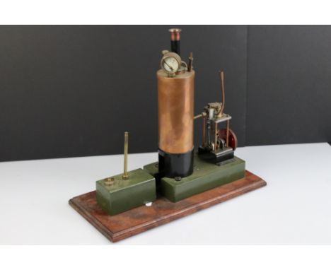Metal &amp; brass stationary steam engine, unmarked and possibly scratch built, wooden base 17 x 8" 