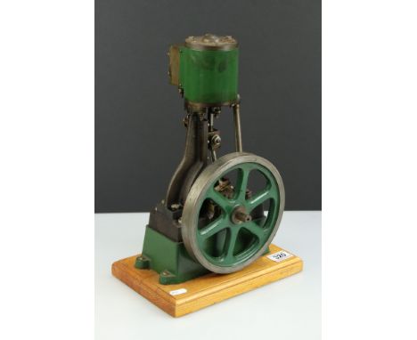 Stuart Turner Stationary Steam Engine in main body green, on wooden base, base 10 x 6.5" and height of 15" 