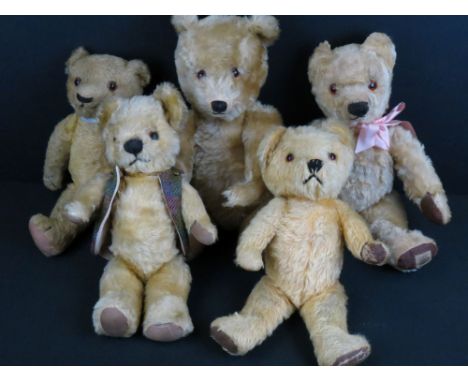 Five vintage teddy bears to include Chad Valley examples, all show hair and label wear, growlers not working where applicale,