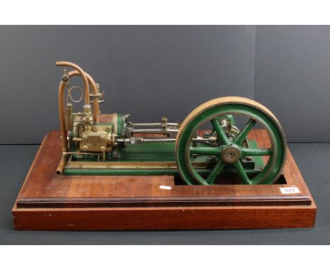 Stationary Beam Engine in main body green on wooden base, unmarked, 25 x 16"