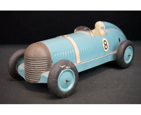 Tinplate Prestyn of Great Britain single seat number 8 racing car, comprising of blue body with cream interior, with bonnet s