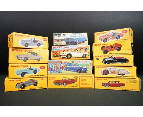 13 Boxed Dinky Atlas Editions diecast models to include 104 Aston Martin DB3S (in salmon pink), 540 Opel "Kadett" (in light b