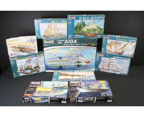 10 Boxed &amp; unbuilt Revell plastic model kits, mostly ship kits, to include 3 x 500th Anniversary of Discovery of America 