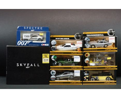 Seven boxed 1/36 Corgi James Bond 007 diecast models to include Hornby Corgi 1/36 Spectre CC08001 Aston Martin DB10, 2 x Die 