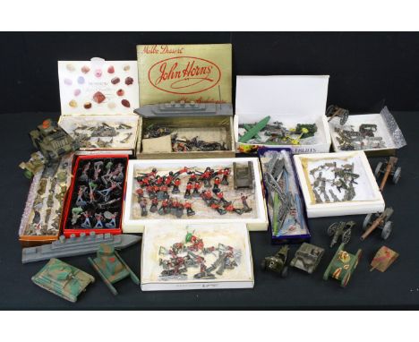 Collection of around 150 play worn mostly military metal figures and diecast vehicles, to include 19th century, Britains, Joh