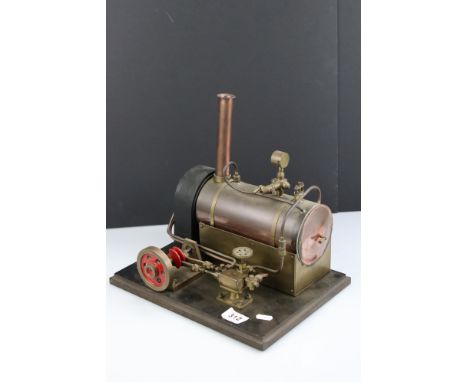 Stationary steam engine with large brass boiler, on base, unmarked, 13 x 10" 