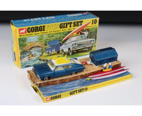 Boxed Corgi Gift Set 10 Marlin Rambler Sports Fastback with 2 x Ottersport Kayak, figure and Camping Trailer diecast model, w