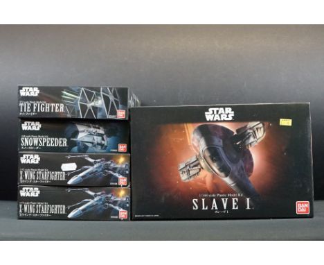 Star Wars - Five boxed BanDai Revell plastic model kits to include 1/144 Slave I, 1/72 Tie Fighter, 1/72 2 x X Wing Starfight
