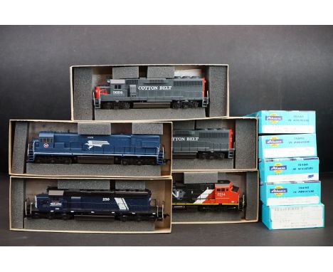Five boxed Athearn HO gauge locomotives to include s4761 Cotton Belt 9664, 3466 3466 U30C PWR MOPAC, 4760 GP60 Power Cotton B