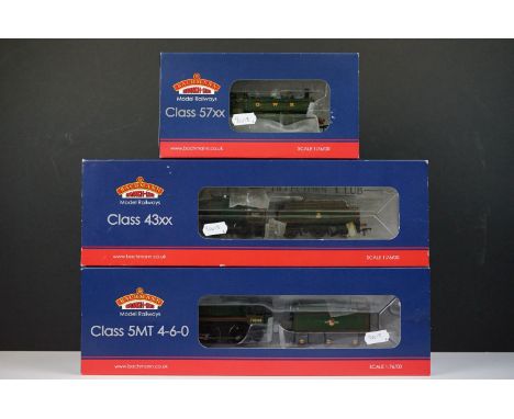 Three boxed Bachmann OO gauge locomotives to include 32508 Standard Class 5MT 73049 BR green late crest, 32215 Class 57XX Pan