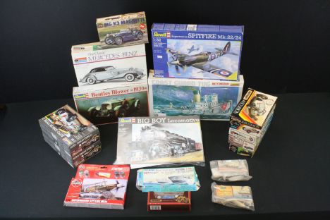 12 Boxed &amp; unbuilt plastic model kits to include Monogram 1/24 The Classic Mercedes Benz, Lindberg Motorized Coast Guard 