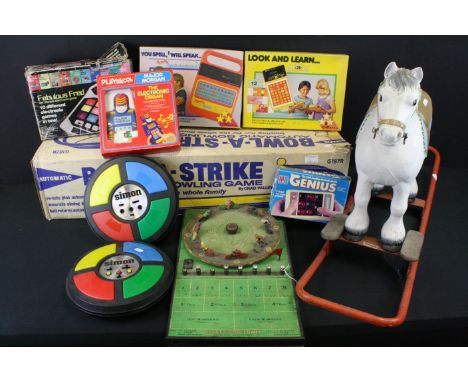 Mixed toys & games to include a Triang childs rocking horse, boxed Chad Valley Bowl-A-Strike bowling game, B.G.L London Elect