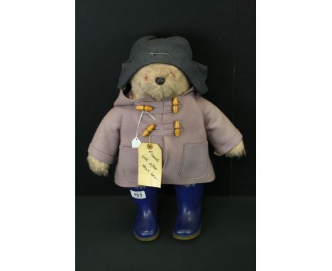 Original Paddington Bear soft toy with blue Dunlop boots, blue hat, lilac coat and original laminated tag, gd 