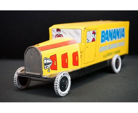 FCS Italy tinplate model Banania advertising vehicle, in yellow, with functional wheels, back door has been detached, approx.