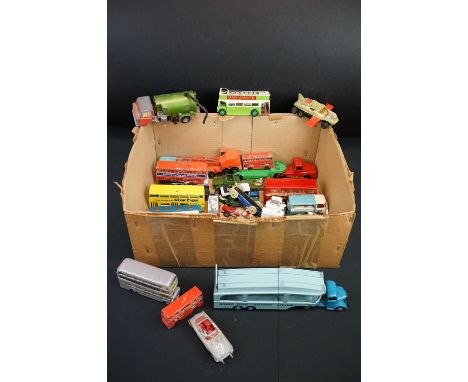 Around 30 mid 20th C onwards play worn diecast models to include Dinky, Corgi, Matchbox and Lone Star, featuring Corgi Batmob