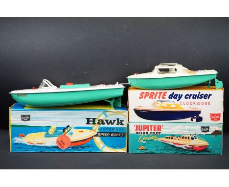 Three boxed Sutcliffe clockwork metal boats to include Jupiter Ocean Pilot Cruiser in red &amp; white, Sprite Day Cruiser in 