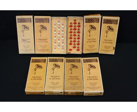 Subbuteo - Eight boxed Rugby teams in a good play worn condition overall, tatty boxes with teams to front 