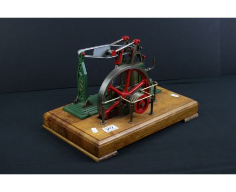 Stuart Turner Beam Stationary Engine in main body green, on wooden base, 14.5 x 9" 