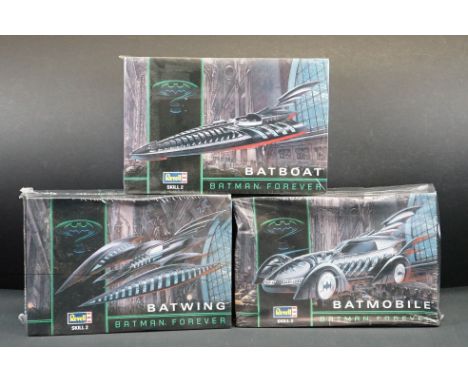 Three boxed &amp; sealed Revell plastic model kits to include 1/25 6720 Batmobile, 1/25 6122 Batboat &amp; 1/32 Batwing, some