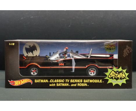 Boxed 1/18 Hot Wheels Batman Classic TV Series Batmobile with Batman and Robin diecast model, ex 